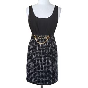 TIBI Gabrielle Tweed Scoop Neck Sleeveless Sheath Mini Dress XS Black Gold Chain
